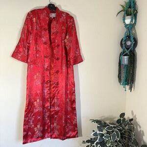VTG Solz Squirrel Chinese Long Robe Dress Jacket Red Embroidered Pockets L Satin